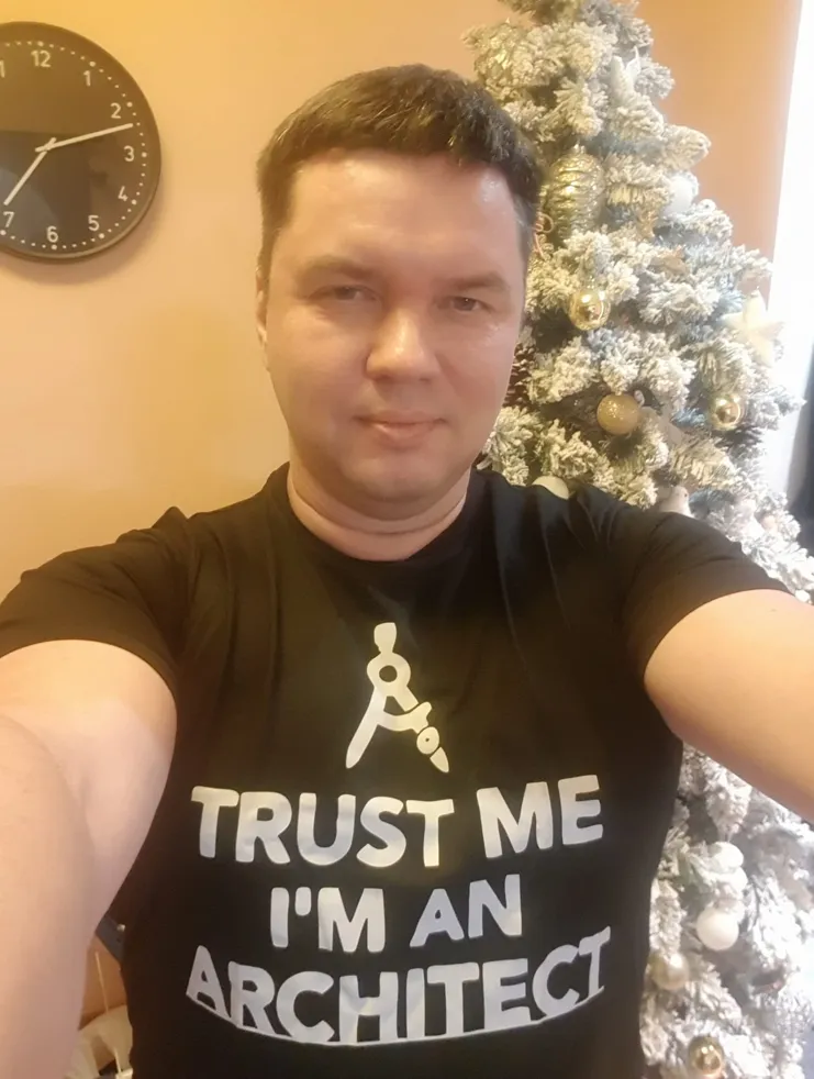 Nikolay Milyaev wearing a Trust me, I’m an architect T-shirt