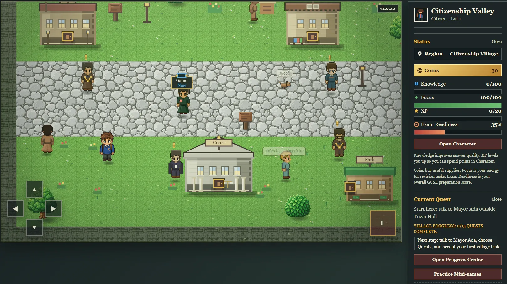 Citizenship Valley game world showing the village, characters, quest status, and player progress panel