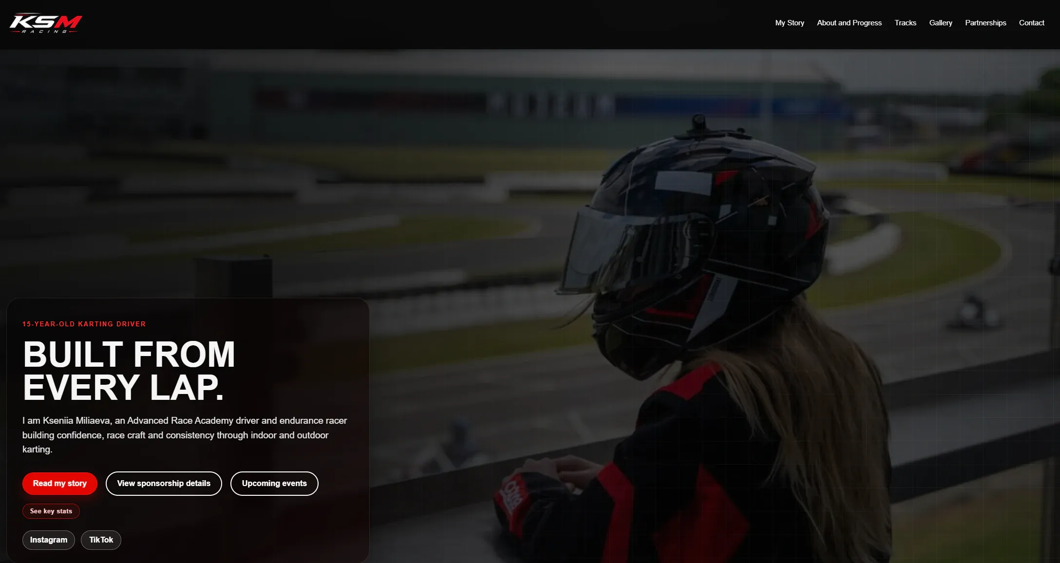 KSM Racing website homepage showing a karting driver beside the track